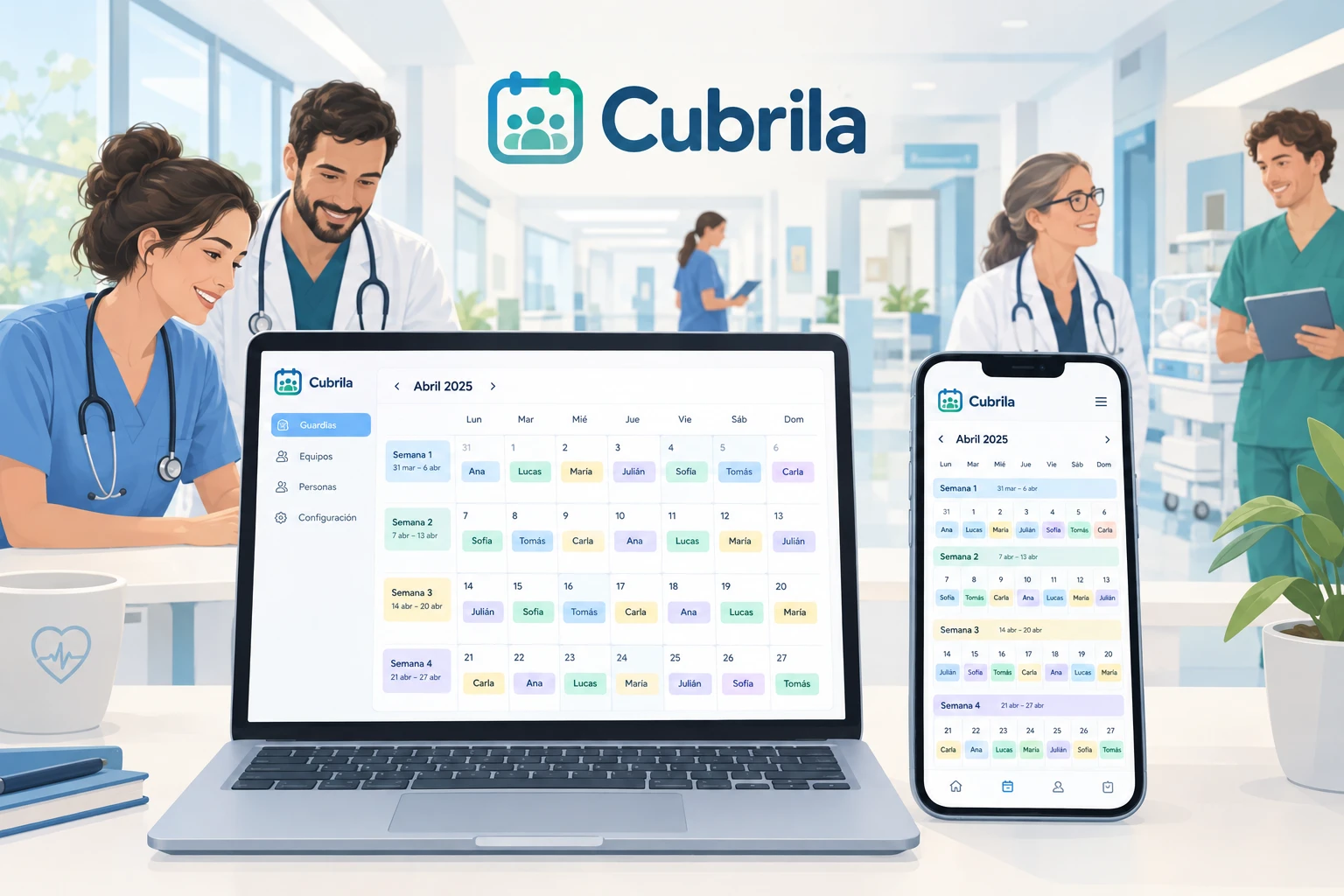 Ilustración de un equipo de un hospital que mira el calendario de guardias de Cubrila en una computadora y en un celular.